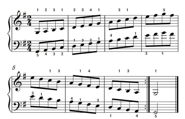 请在五线谱上标注G大调的音阶。。。 要有图