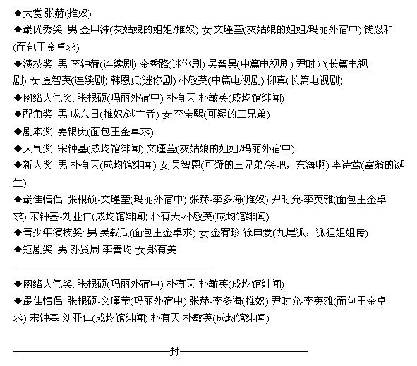 2010KBS演技大赏完全获奖名单